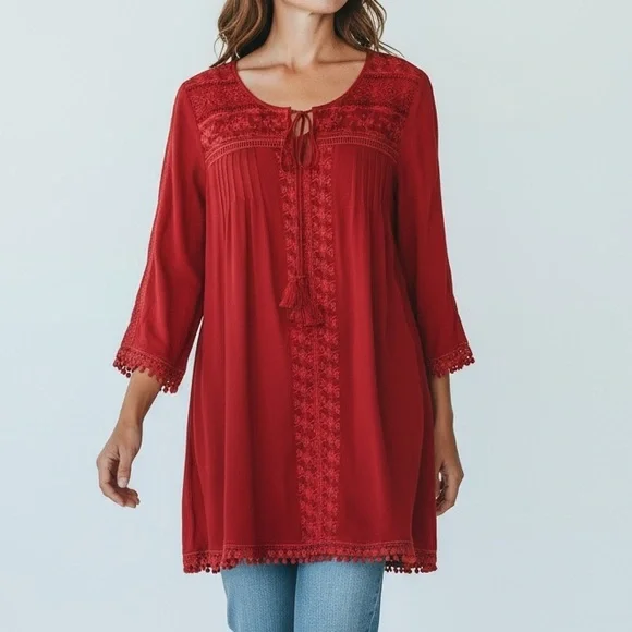 Sundance Red Bohemian Silky Lace Trim 3/4 Tab Sleeves Tunic Top Women’s Small - Picture 1 of 10